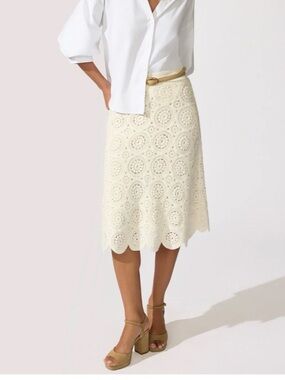 Brochu Walker Ellis Pointelle Cotton Crochet Scallop Midi Skirt Ivory S